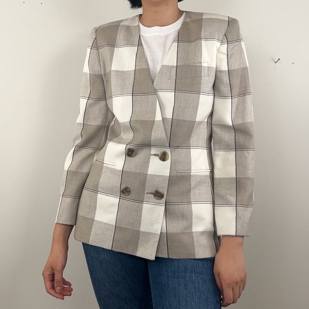 Vintage Casual Corner Plaid Tan and White Double Breasted Linen Blend Blazer